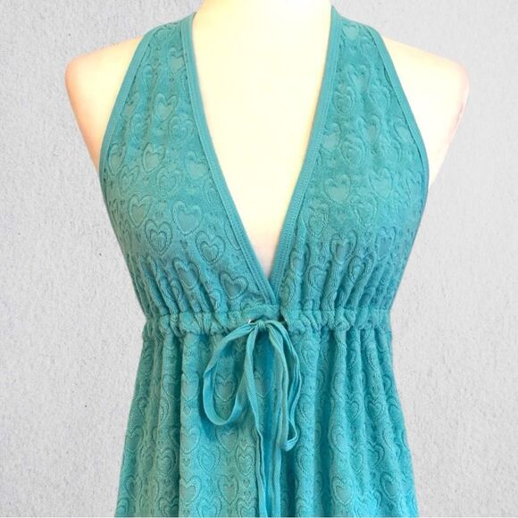 Y2K terrycloth halter turquoise mini dress swim cover - Picture 2 of 9